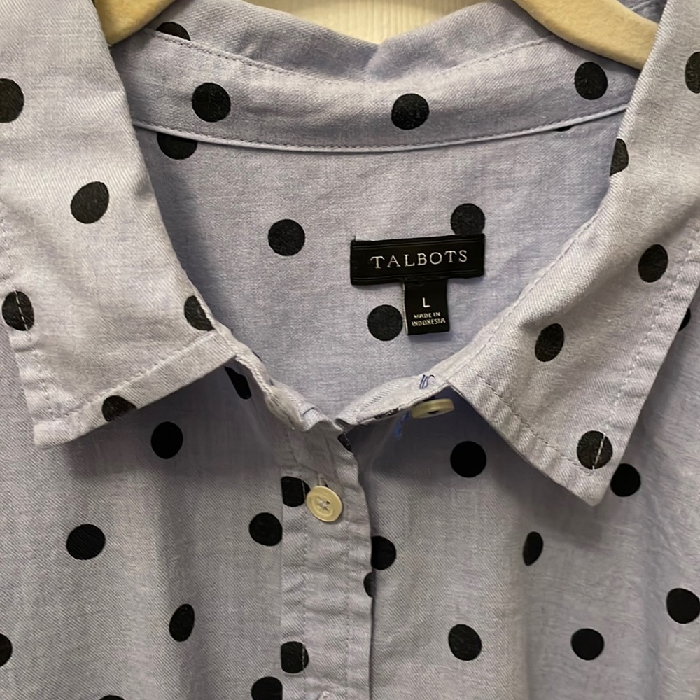 Talbots blue on blue polka dot blouse.